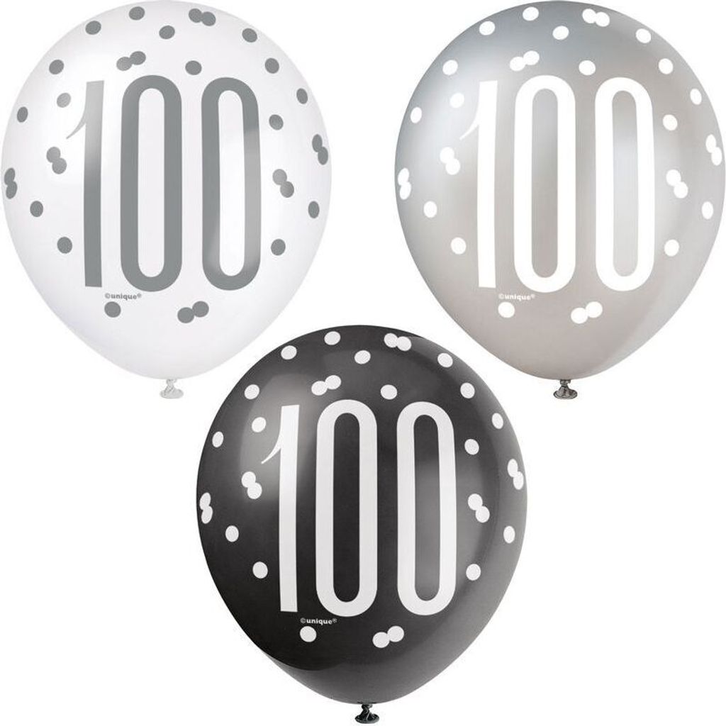 6 Luftballons schwarz & silber Zahl 100