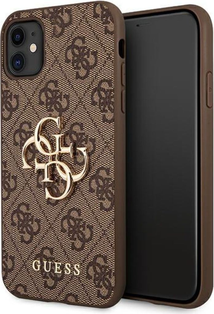 A brown Guess branded iPhone case with a gold logo is shown.