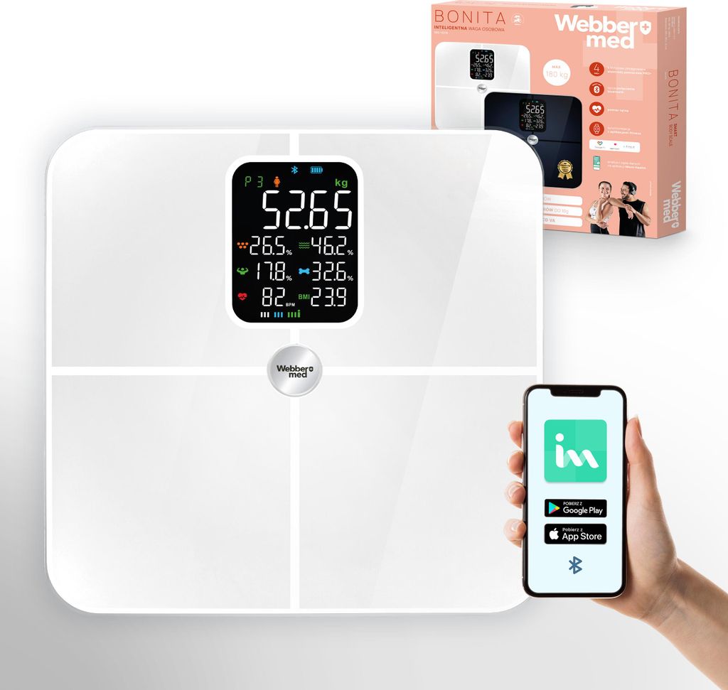 A digital scale and a smartphone are displayed, along with the product's packaging.