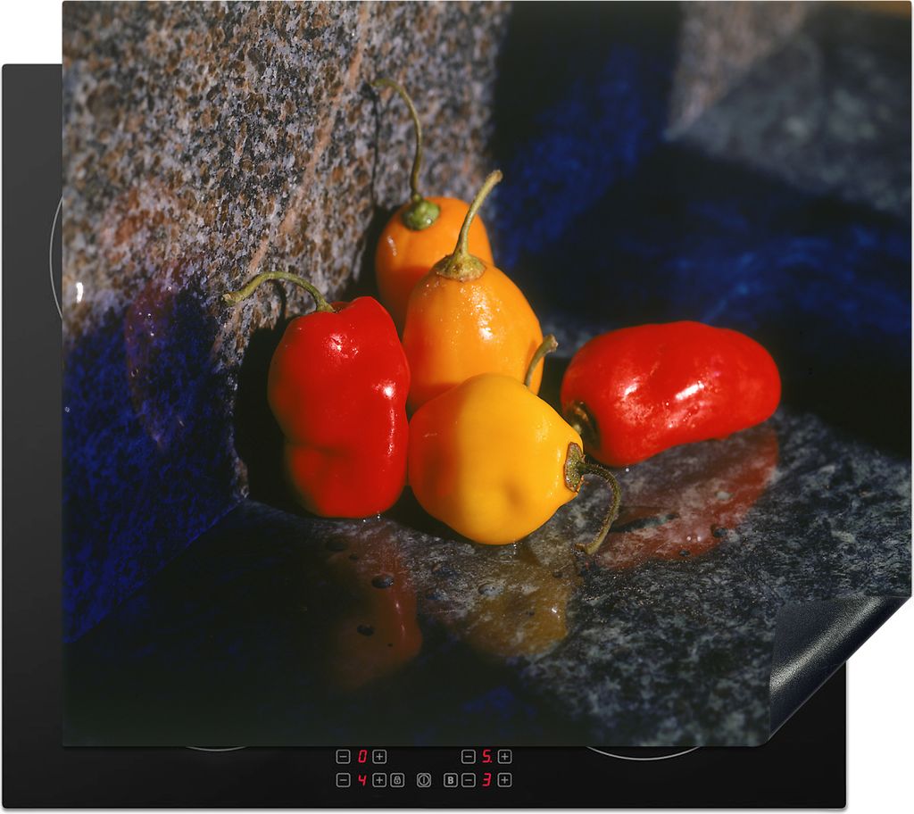KitchenYeah Herdabdeckplatte Cascabel-Chili-Schoten auf Stein , 58x51cm, Küche Deko, Glaskeramikfeld Herdabdeckung, Abdeckplatte fùr Kochfeld