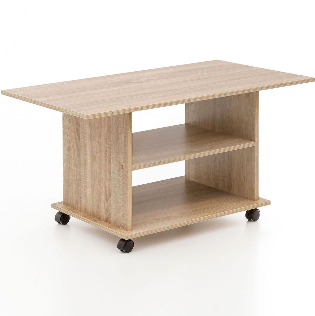 A light brown wooden coffee table with two shelves and wheels, shown against a white background.