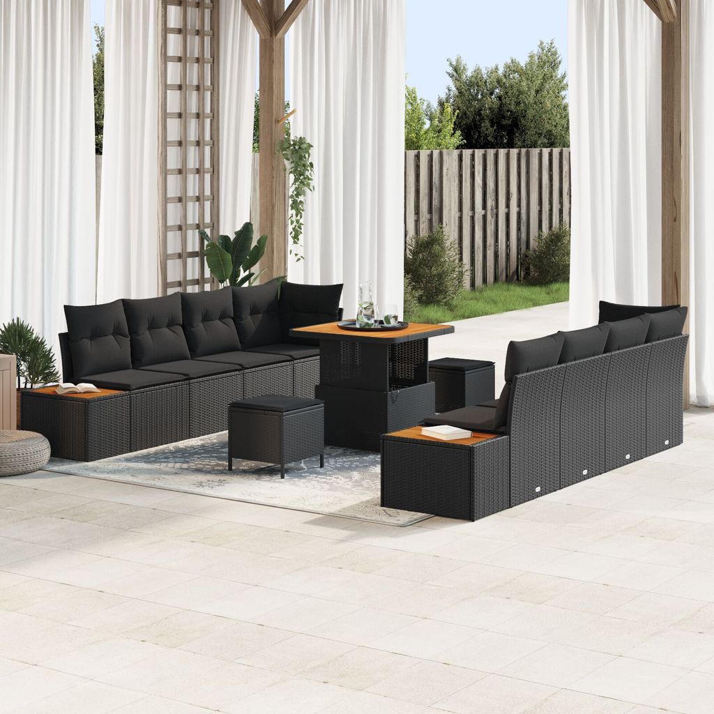 Möbel 11-teiliges Garten-Sofa-Set mit Kissen Schwarz Poly-Rattan Akazie, 3-teiliges Garten-Ess-Set mit Kissen Schwarz Poly-Rattan Akazie - Gartens...