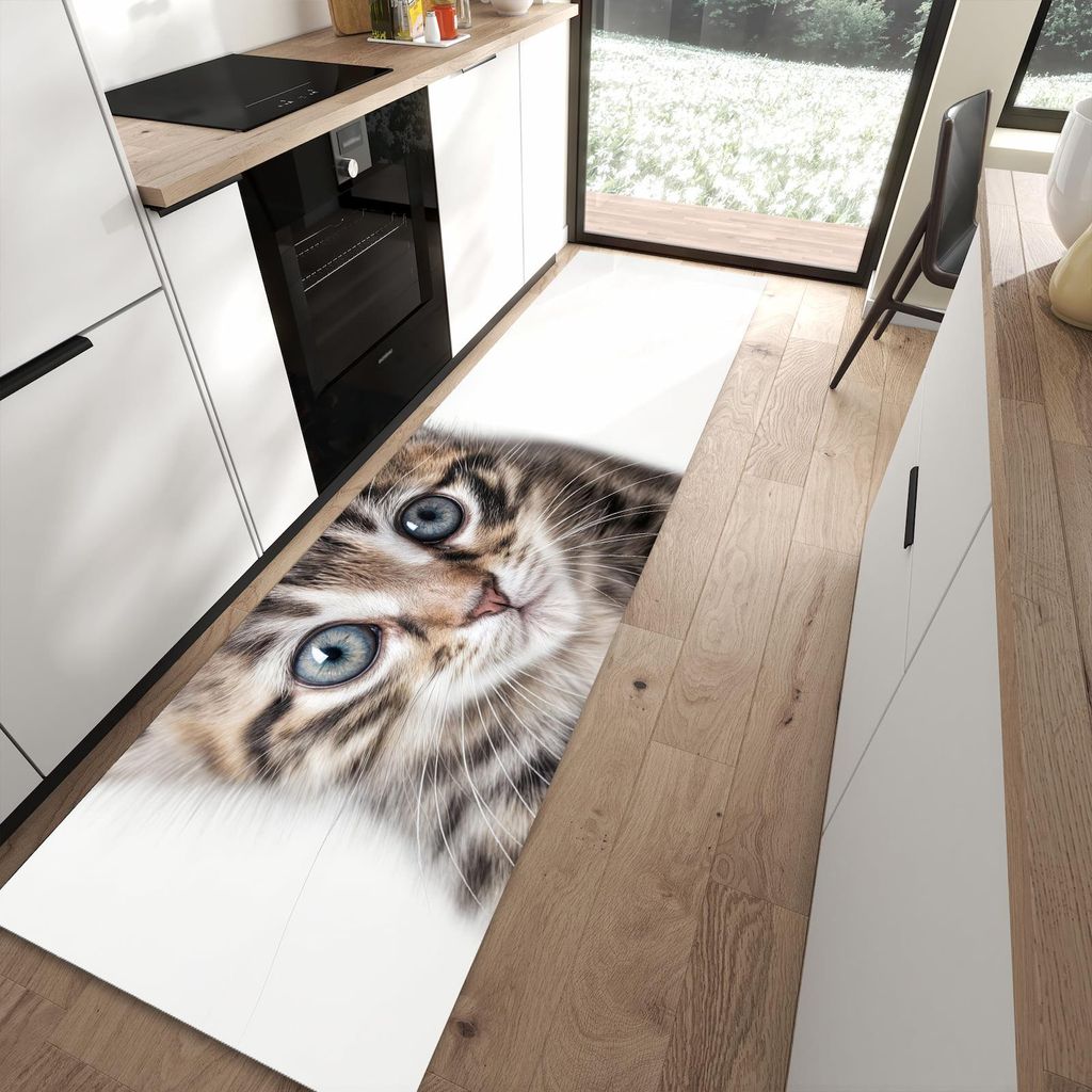 Küchenteppich 80x300cm rutschfest & abwischbar PVC Läufer - Sanfte Katzenjunges