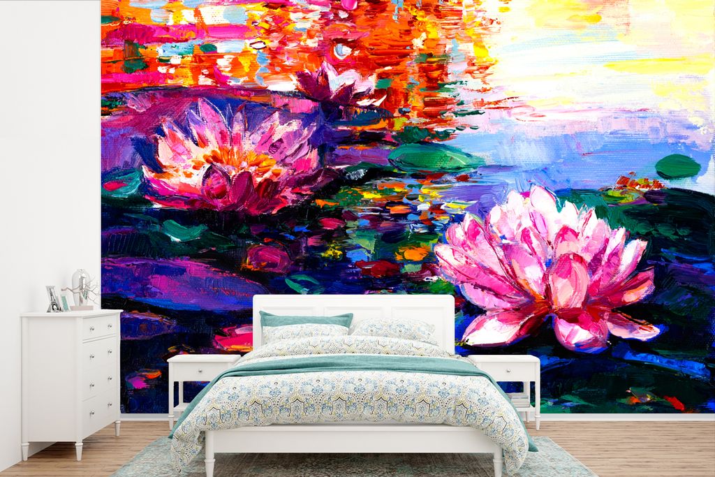 MuchoWow Fototapete für Wohnzimmer oder Schlafzimmer Wandtapete Vinyl Motivtapete Gemälde - Öl - Seerose - Wasser - 525x350 cm - Das Hintergru...