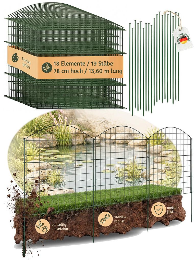 Zaun Gartenzaun Steckzaun Teichzaun für Garten Teich 18 Zaunelemente 78 cm hoch Metall Hundezaun Gitterzaun Oberbogen Grün V2Aox6 x 6cm