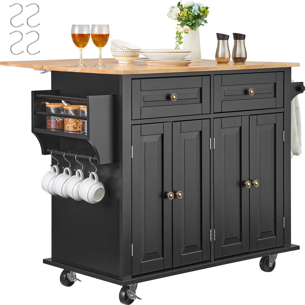 SucceBuy Kücheninselwagen, 43“ Holzplatte mobiler Tisch mit Aufbewahrungsschrank, rollende Insel mit Drop Leaf, Gewürzregal, Handtuchhalter, ve...