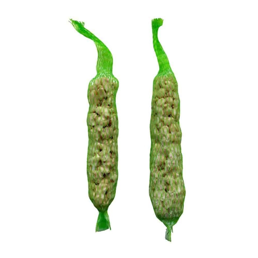 Two bird food sticks in green mesh packaging against a white background.