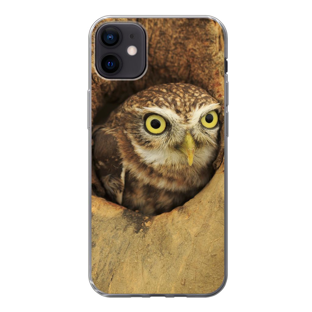 MuchoWow Handyhülle Schutzhülle Hülle für iPhone 12 mini Braune Eule, die aus einem Loch in einem Baum schaut Silikon Softcase Handy Hülle -...