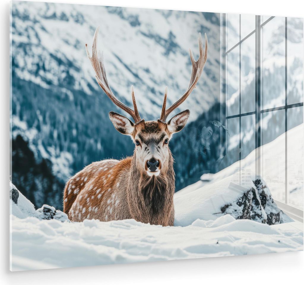 MuchoWow Glasbilder - Bilder auf Wandbild - Foto auf Glas Hirsche - Landschaft - Winter - Natur - Tiere - Berge 80x60 cm Wanddekoration aus Glas - ...