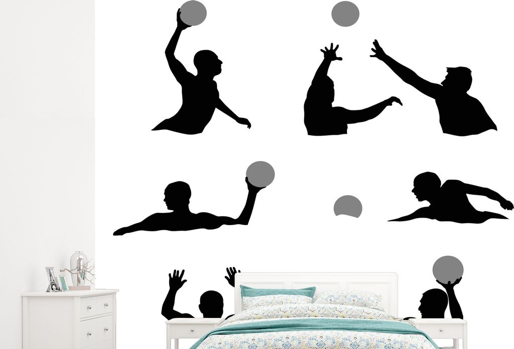 MuchoWow Fototapete für Wohnzimmer oder Schlafzimmer Wandtapete Vinyl Motivtapete Silhouetten-Illustration eines Wasserballspielers - schwarz un...
