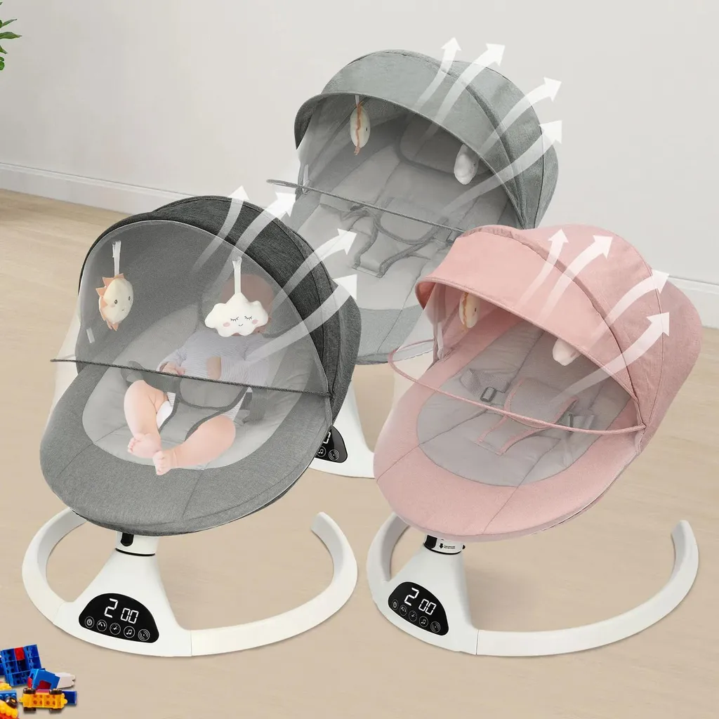 Balançoire bébé avec 5 vitesses et minuterie - Transat rose avec télécommande - 8