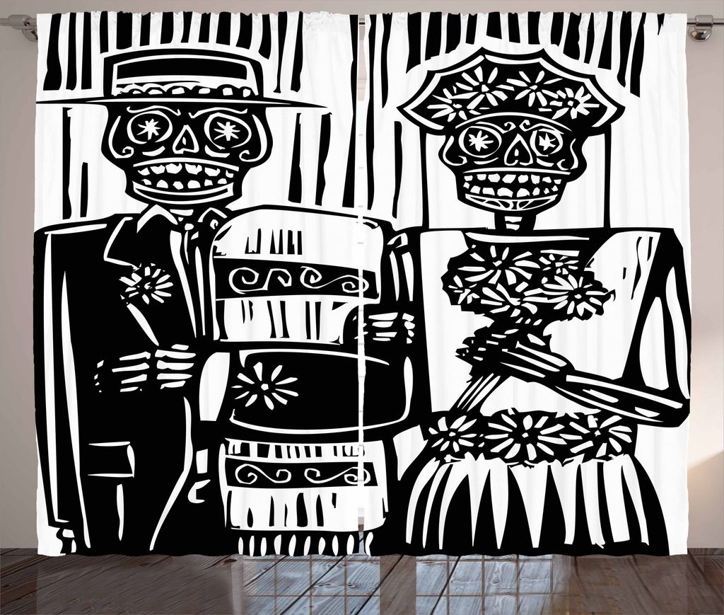 ABAKUHAUS Tag der Toten Rustikaler Vorhang, Braut und Bräutigam, Wohnzimmer Universalband Gardinen mit Schlaufen und Haken, 280 x 175 cm, Weiß Sc...