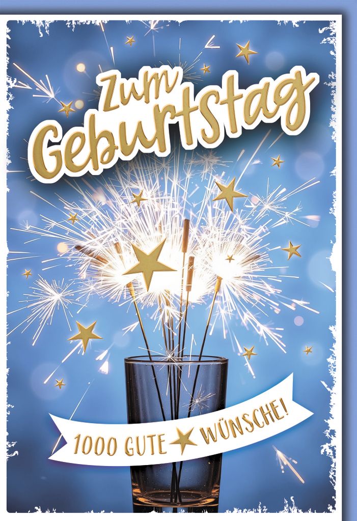 Geburtstag Glückwunschkarte mit Umschlag Glas mit Wunderkerzen 1000 gute Wünsche