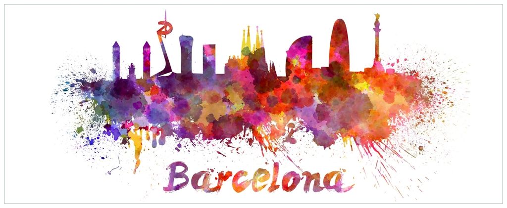 Wallario Wandbild aus Acryl, 200 x 80 cm, freischwebende Optik - Städte als Aquarell - Skyline von Barcelona