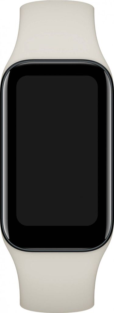 A close-up studio shot of a white fitness tracker with a black screen.