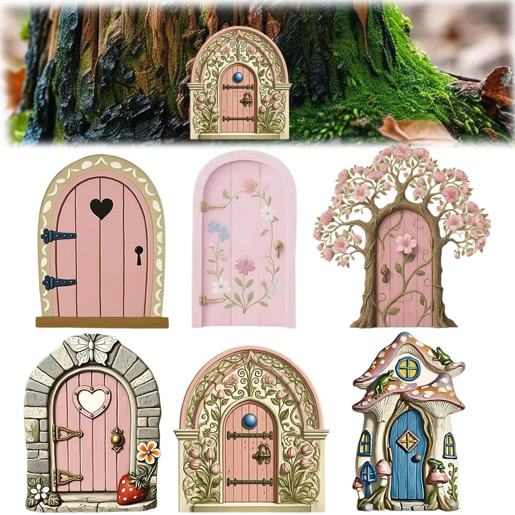 Portes de Fées Féériques en Bois pour Arbres, Set de 6 Figurines de Jardin