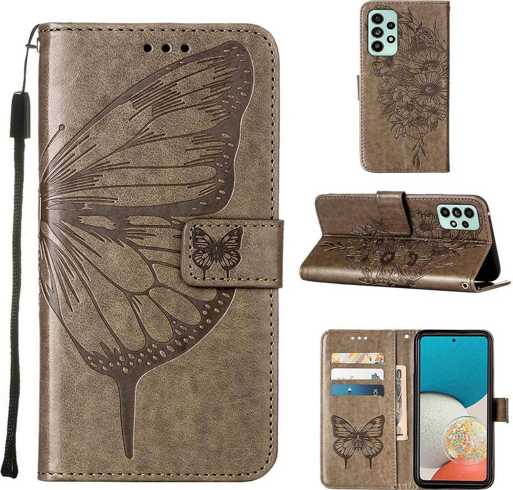 Galaxy A73 5G Hülle, Schmetterling Prägung Flip Leder Kartenfächer Schutzhülle Ledertasche mit Ständer für Samsung Galaxy A73 5G Grau