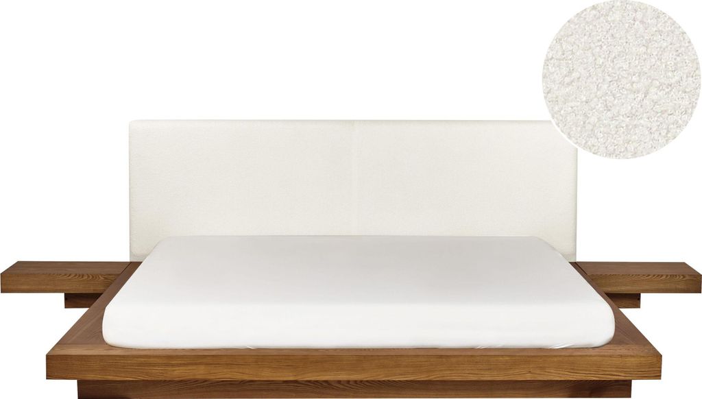 BELIANI Wasserbett Naturfarbene Esche Bouclé u. MDF-Platte Holzfurnier Matratze 180x200 cm 2 Nachttische Hohes Kopfteil Japanischer Stil Futonbett
