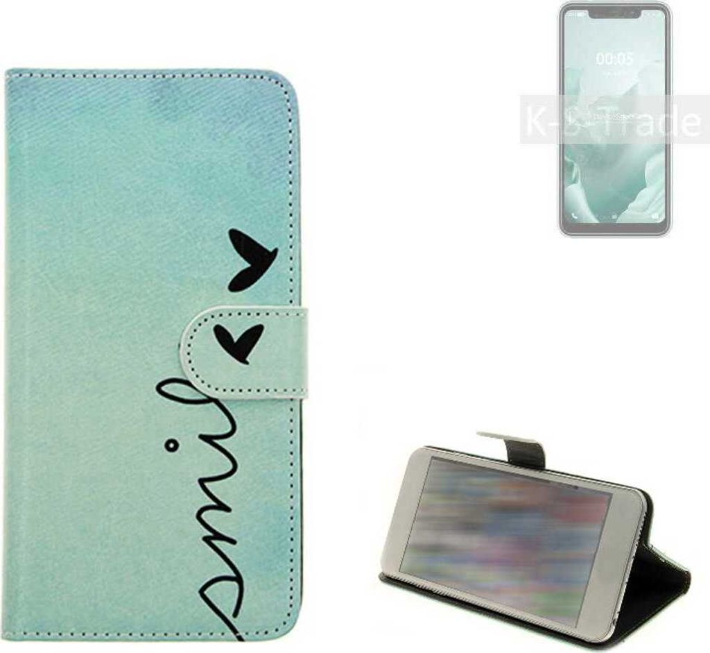 K-S-Trade Schutz Hülle Handy Hülle kompatibel mit Oukitel C22 Hülle Handyhülle cover bookstyle Etui Handyhülle ''smile'' türkis Standfunktion