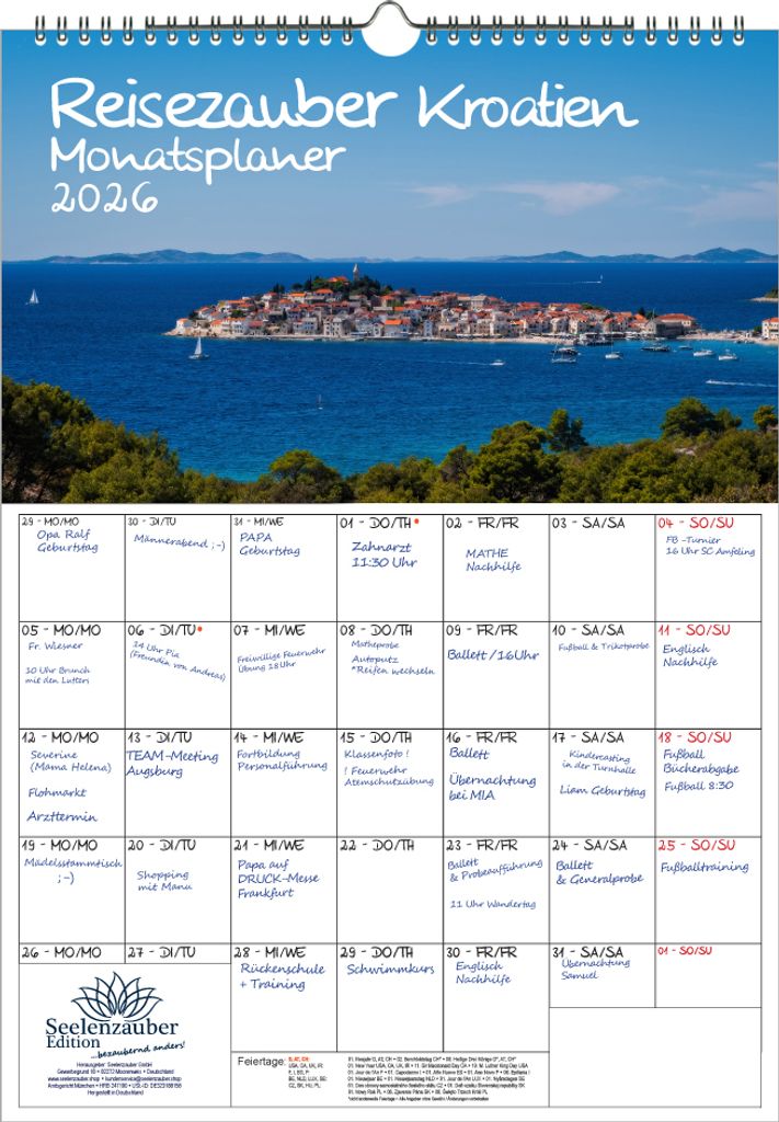 Reisezauber Kroatien Planer DIN A3 Kalender für 2026 Kroatien Zagreb Meer Strand Urlaub - Seelenzauber