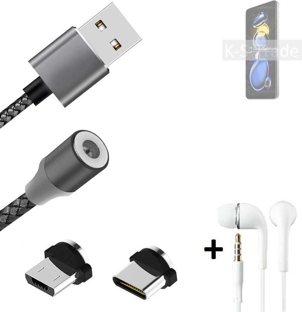 K-S-Trade Hochwertiges Magnet-Lade-kabel Sync-Kabel Daten-Kabel + Kopfhörer kompatibel mit Xiaomi Redmi Note 11T Pro mit USB-Typ-C-Anschluss und