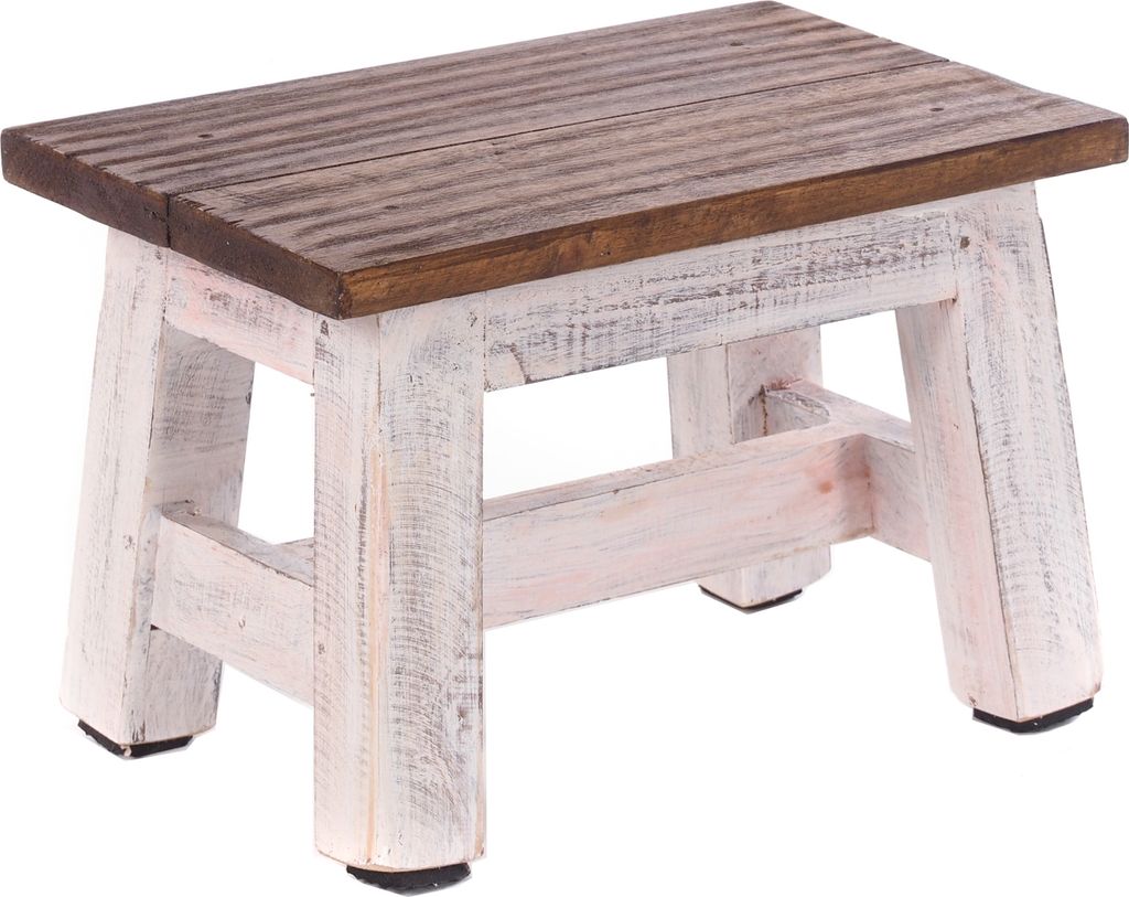 A small wooden stool with a distressed white base and a natural wood top.