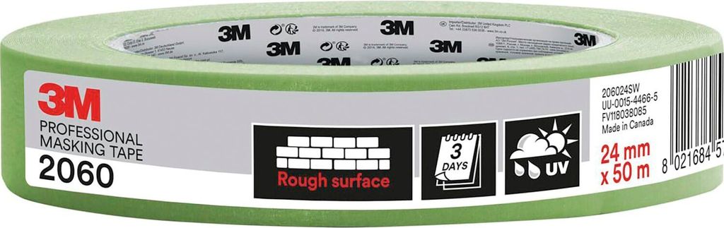 3M Abdeckklebeband 2060, Malerband Kreppband Klebeband, starke Haftung auf rauen Oberflächen, feuchtigkeitsbeständig, grün, 0,15mm x 24mm x 50m
