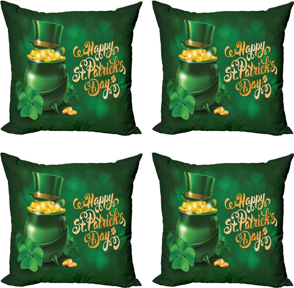ABAKUHAUS St. Patrick Tag Kissenbezug Set (4 Stück), Irish Pot of Gold, Moderner Doppelseitiger Digitaldruck, 40 cm x 40 cm, Gelb und Smaragd
