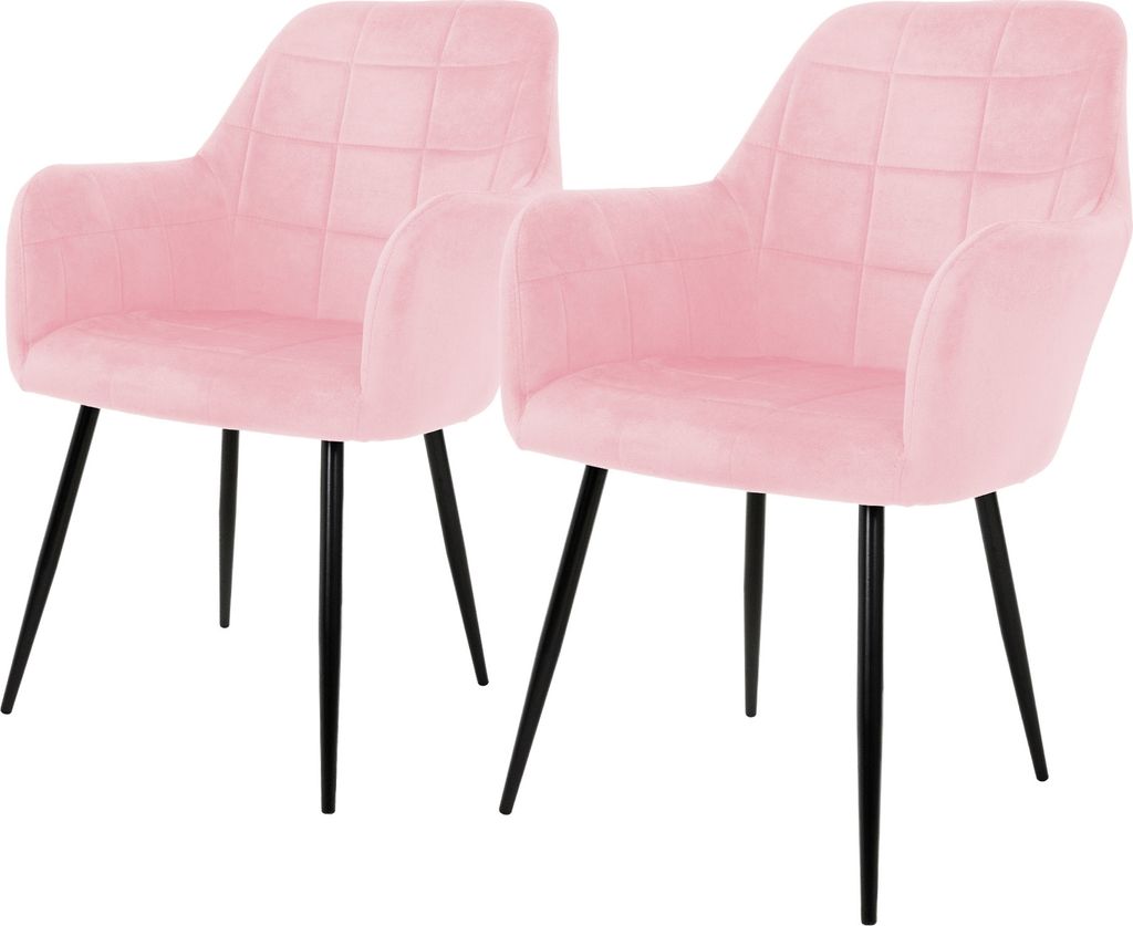 Two pink accent chairs with black legs, isolated on a white background.