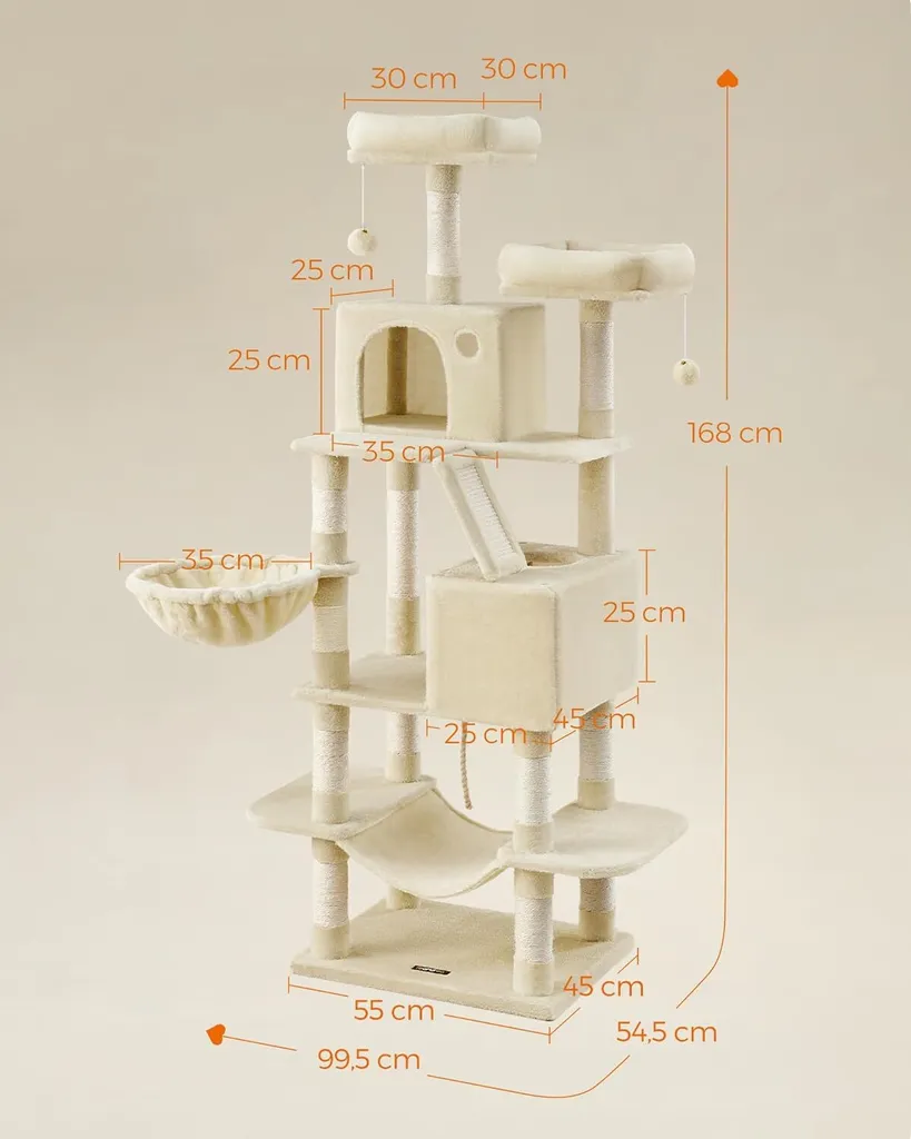 Arbre à chat Feandrea 168 cm avec 13 griffoirs et Double Grotte - Gris