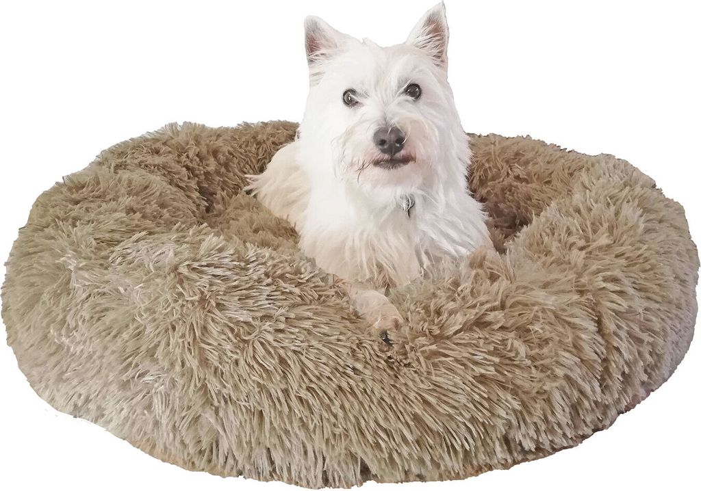Hundebett Katzenbett Donut, 60 cm rund, hellbraun mit kuscheligen Langhaarplüsch