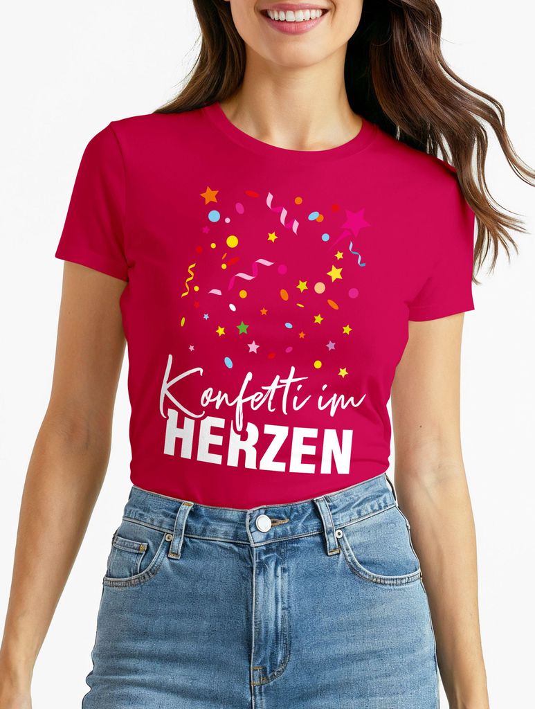 Damen T-Shirt Fasching Karneval Konfetti im Herzen Kostüm-Ersatz Verkleidung Funshirt Frauen Moonworks