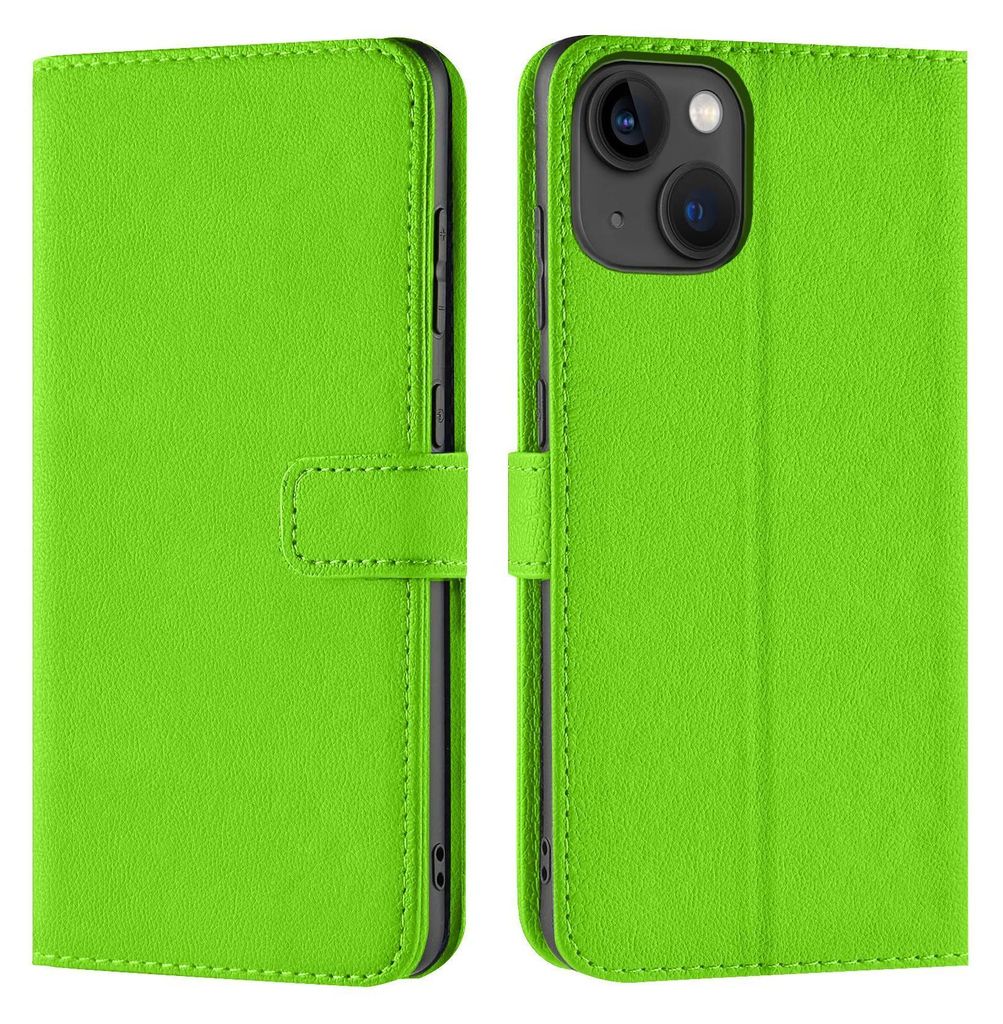 A bright green flip case for a smartphone, shown from two angles.