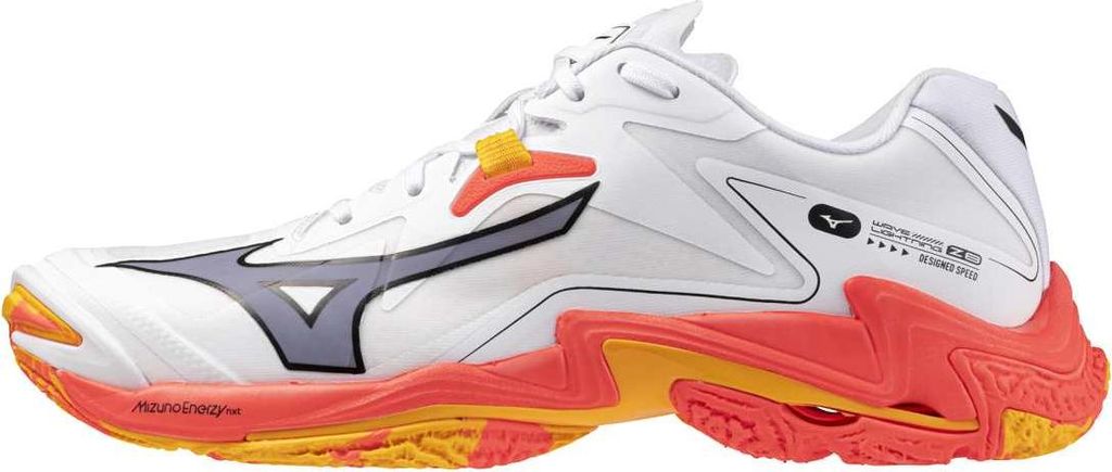 A side view of a white volleyball shoe with orange and yellow accents.