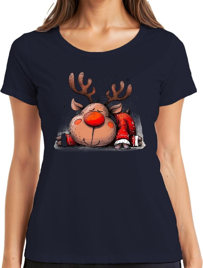 Rudolph Rentier schlafend rote Nase Weihnachten Geschenk Retro Damen T-Shirt, Navy, M
