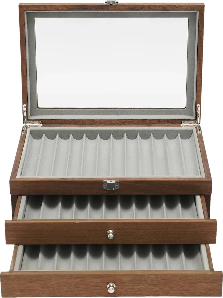 Scatola per matite - Contenitore ed espositore a 3 livelli - 34 scomparti - Coperchio in vetro - Fodera in velluto - 31×20×12,5 cm - colore noce
