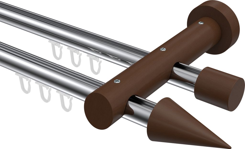 Interdeco Innenlaufstange / Gardinenstange mit Innenlauf Chrom / Nussbaum lackiert, Typ Talent Siveo (Kegel), 20 mm Ø 2-läufig, 220 cm