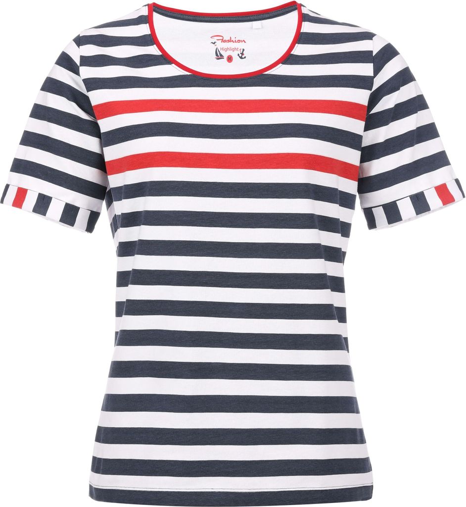 modAS Damen T-Shirt mit Blockstreifen Maritim - Ringelshirt Streifenshirt Basic Shirt mit Streifen aus Baumwolle in Weiß-Rot-Marine Größe 50