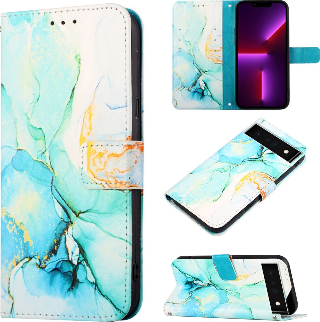 Google Pixel 6 Pro Hülle, Marmor Motiv Kunstleder Tasche Wallet Kartenfächer mit Standfunktion Klapp Schutzhülle für Google Pixel 6 Pro Grün