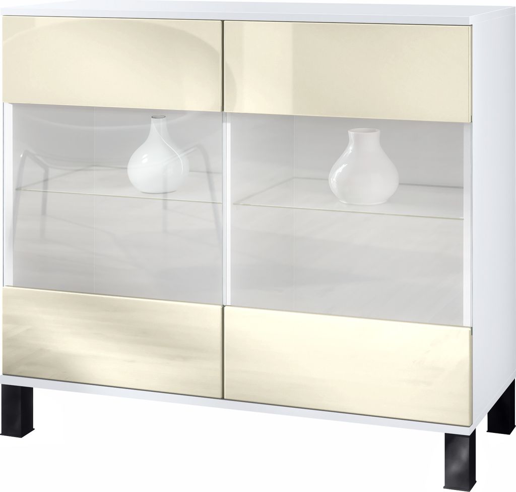 Vladon Kommode Bari V3, Moderner Küchenschrank mit 2 großen Glastüren inkl. RGB Beleuchtung Weiß matt / Creme Hochglanz (92,5 x 84.5 x 35)