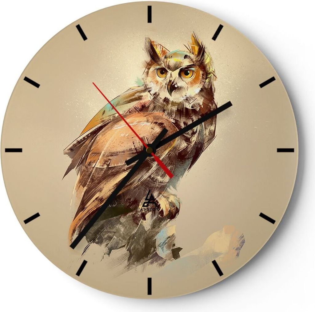 Wanduhr - Rund - Glasuhr - Eule Vogel Natur - 30x30cm - Schleichendes Uhrwerk - Lautlos - zum Aufhängen bereit - Dekoration Modern - Wanddekoratio...