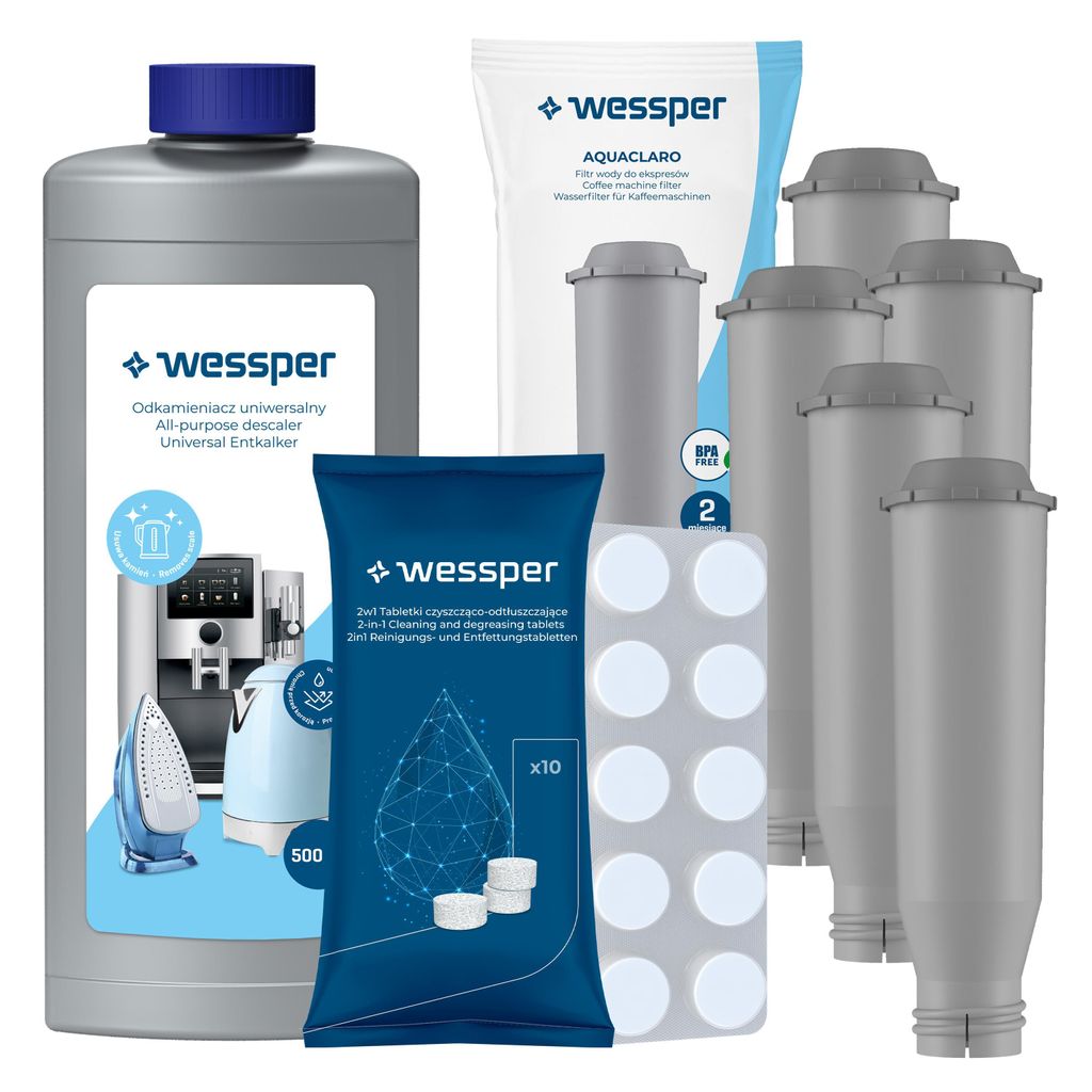 A collection of cleaning and maintenance products for coffee machines and other appliances.