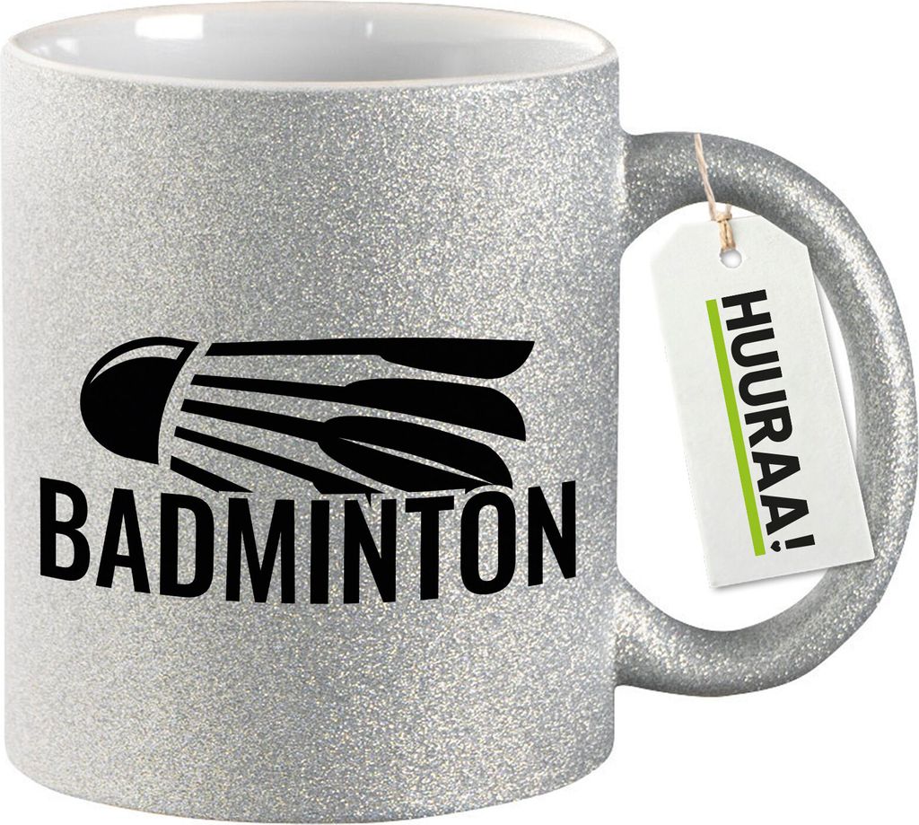 Huuraa Glitzertasse Badminton Federball 330ml Silber Keramik Kaffeebecher Geschenkidee