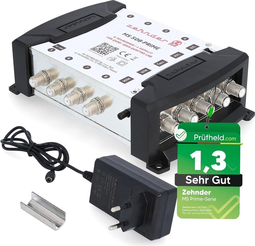 ZEHNDER 5/8 Multischalter für Quattro & Quad LNB, Multiswitch für 1 Satelliten & 8 Teilnehmer (TV, Sat Receiver), HD 4K Digital Matrix Sat Vertei...