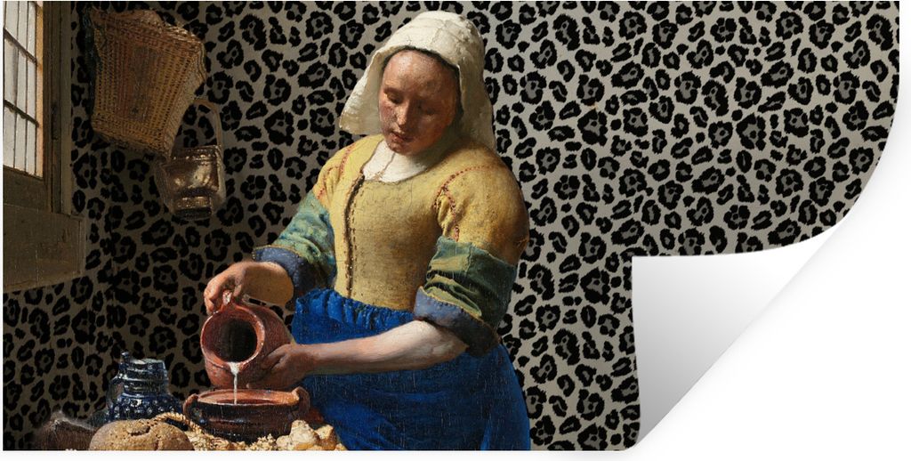 MuchoWow Wandtattoo Wandsticker Wandaufkleber Milchmädchen - Kunst - Pantherdruck - Vermeer - Gemälde - Alte Meister 80x40 cm Selbstklebend und...