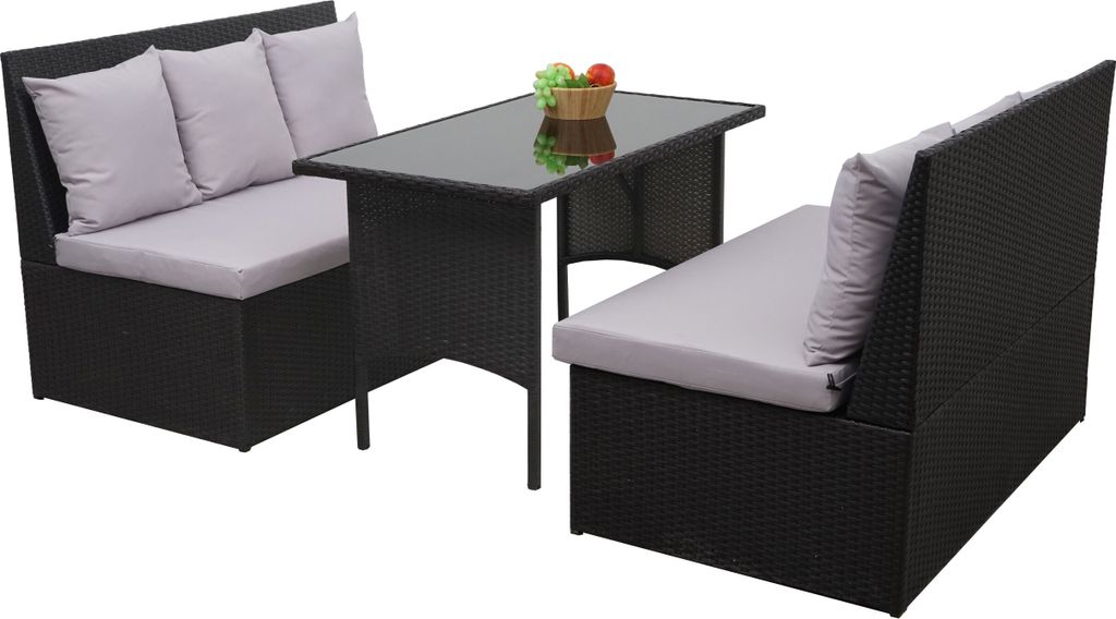 Poly-Rattan Garnitur HWC-G16, Garten-/Lounge-Set Sitzgruppe, Gastronomie 2x2er Sofa Tisch schwarz, Kissen hellgrau