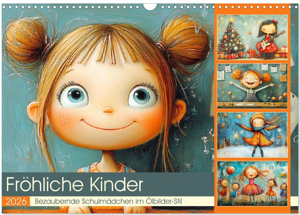 Fröhliche Kinder. Bezaubernde Schulmädchen im Ölbilder-Stil (Wandkalender 2026 DIN A3 quer), CALVENDO Monatskalender