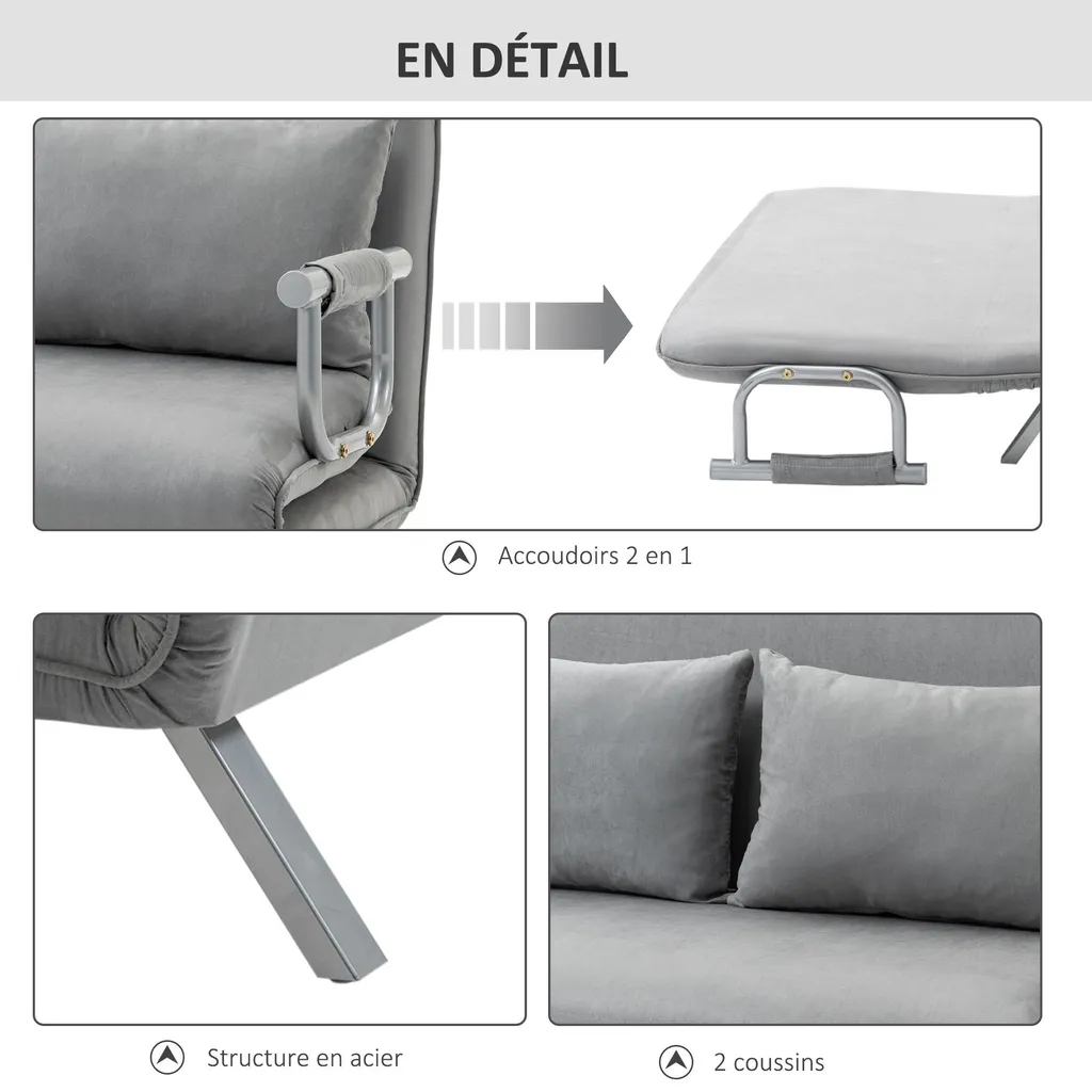 Fauteuil convertible 2 places avec dossier réglable gris clair - 7