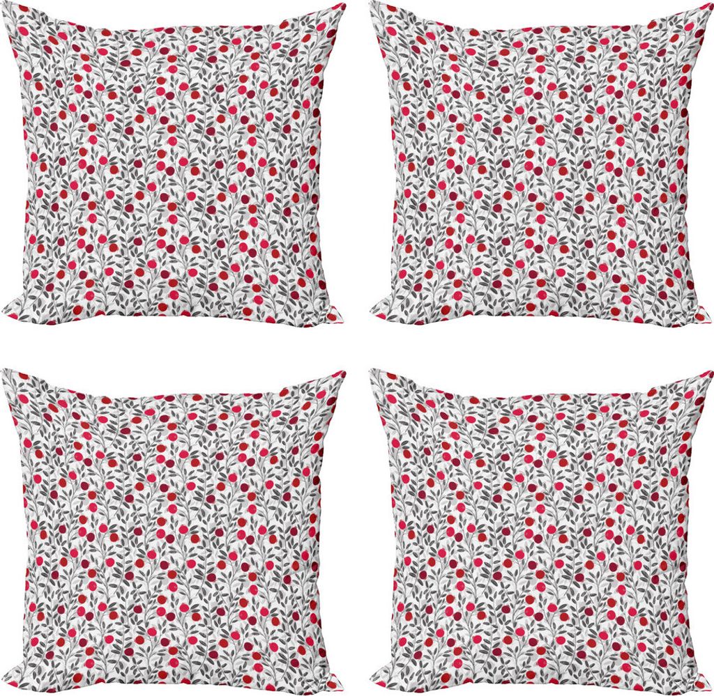 ABAKUHAUS Cranberry Kissenbezug Set (4 Stück), Frühling Berry Laub, Moderner Doppelseitiger Digitaldruck, 45 cm x 45 cm, Grau, Rosa und Maroon