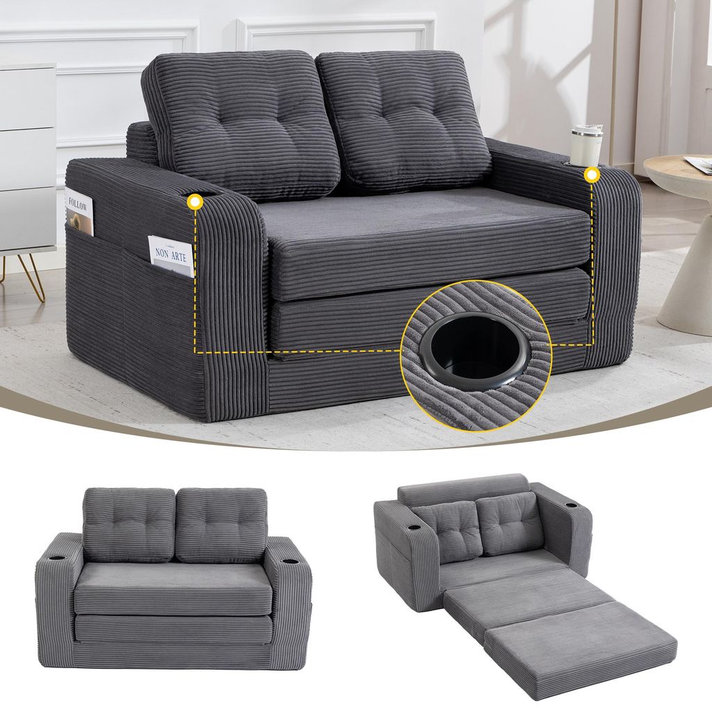 Cord-Zweisitzer-Sofa, Getraenkehalter, Seitentaschen, Produktbild 